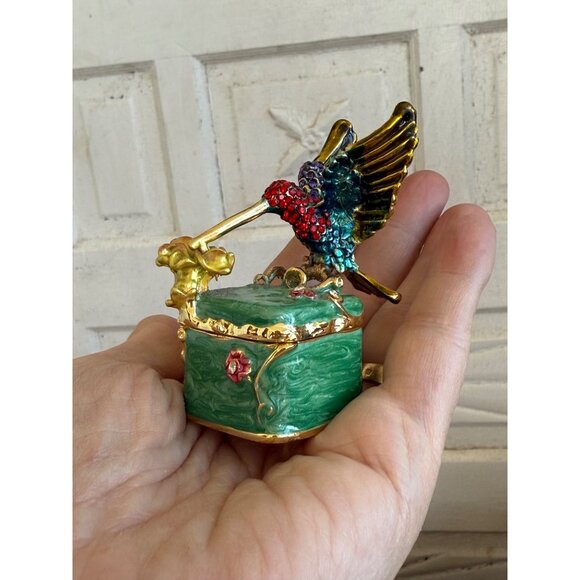 Vintage 90s Rhinestone Encrusted Hummingbird Ring Box Green Enamel - Picture 13 of 14